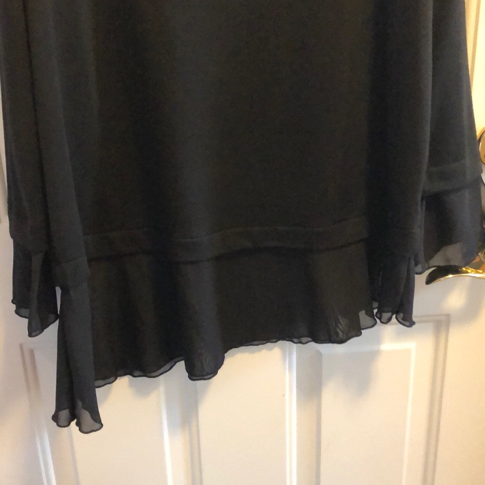 Black Top with sheer cuffs & asymmetrical hem
